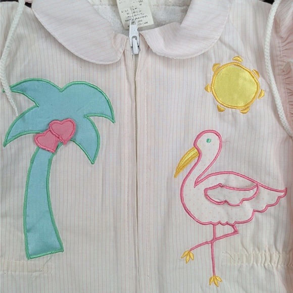 Vintage Jacket 80s 90s Baby Girl 3T Pink Flamingo Palm Tree Applique Hood White - Picture 2 of 4